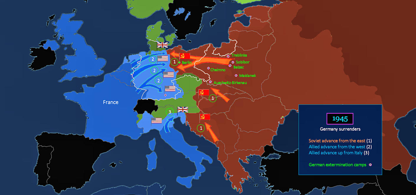 German collapse, Hitler suicide, 1945 map